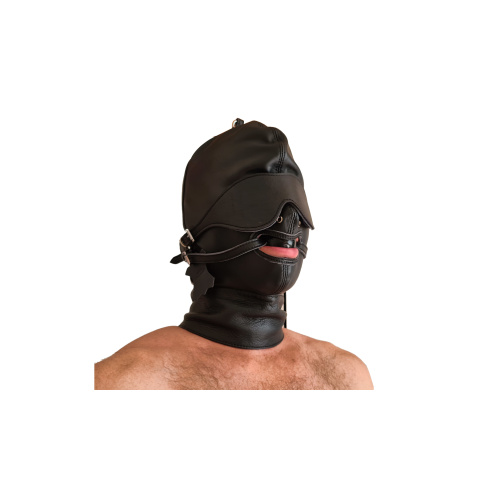 BDSM-mask i läder, munkavle, ögonbindel