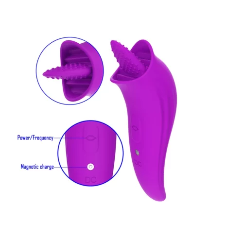 Ergonomisk vibrator med oscillerande tunga för slickning av blygdläppar, klitoris och bröstvårtor